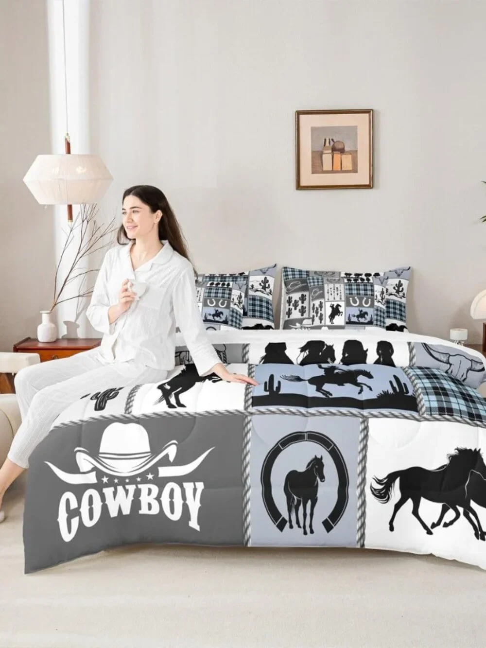 7 Pieces King Size Western Cowboy Kids Comforter Set,Horseshoes Cactus Rustic Fa